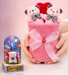Premium Peluş Ayıcık Buketi ve Kişiye Özel Renkli Işıklı Beyaz Ayıcıklı Fanus