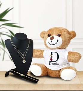 Kişiye Özel Peluş Ayıcık ve Papatya Kolye Bileklik Set