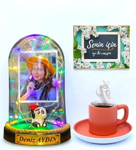 Renkli Türk Kahvesi Fincanı ve Renkli LED Işıklı Fotoğraflı Yazılı Fanus Hediye Seti Turuncu Fincanlı