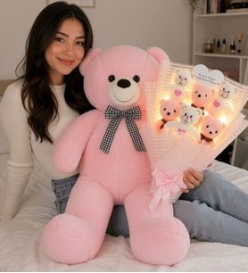 90 cm Ayıcık Kalp Aynalı LED Işıklı Pembe Peluş Ayıcık Buketi Seti Ayıcıklı Peluş Buket Çiçek Buketi Arkadaşa Sevgiliye