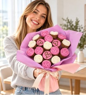 Pembe ve Beyaz Gül Suslemeli Kek Buketi