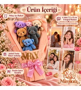 Mirellora Pastel Peluş Ayıcık Buketi 6 Ayıcık ve 4 Kişiye Özel Fotoğraf