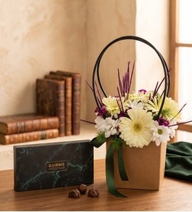 Kraft Çantada Gerbera ve Truflu Yeşil Gurme Lezzetler