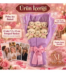 Mirellora Krem Peluş Ayıcık Buketi 6 Ayıcık ve 4 Fotoğraf Baskısı