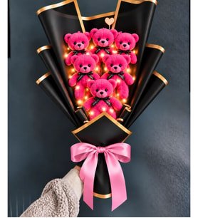 LED Işıklı Peluş Ayıcık Buketi Büyük Boy 6 Adet Kokulu Peluş Ayıcık