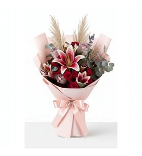 Özel Tasarım Bukette Pembe Lilyum ve Lila Güller