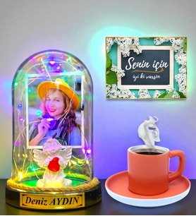 Renkli LED Işıklı Fotoğraflı İsimli Fanus ve Renkli Türk Kahvesi Fincanı Hediye Seti Turuncu Fincanlı