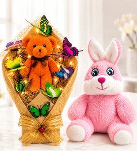 LED Işıklı Turuncu Peluş Ayıcıklı Buket ve Pembe Peluş Tavşan Hediye Seti