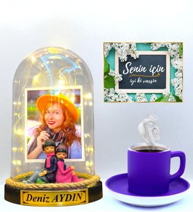 Renkli Türk Kahvesi Fincanı ve LED Işıklı Fotoğraflı Yazılı Fanus Hediye Seti Mor Fincanlı