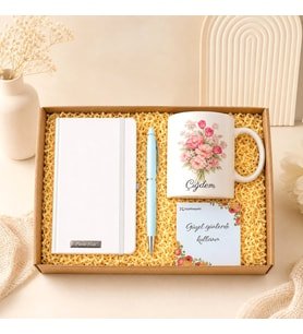 Kişiye Özel Premium Defter Çiçek Desenli Kupa Bardak Kalem Hediye Seti