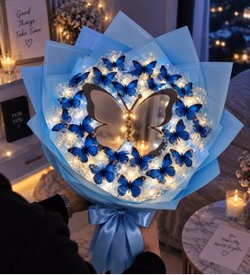 LED Işıklı Aynalı Pembe Kelebek Buketi Sevgiliye Hediye Arkadaşa Hediye Öğretmene Hediye Pembe Aynalı Çiçek Buketi