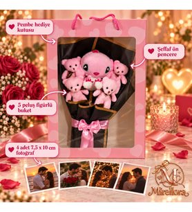 Mirellora Sevgiliye Pembe Peluş Buket 5 Peluş ve 4 Fotoğraf