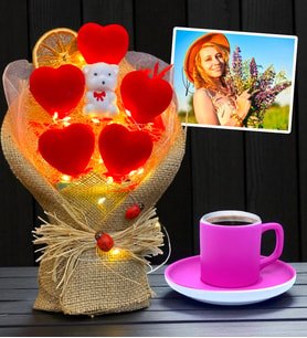 LED Işıklı Kırmızı Kalp Buketi ve Renkli Türk Kahvesi Fincanı Kişiye Özel Fotoğraflı Hediye Seti