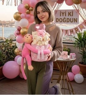 Pembe Maymunlu Ayıcık Buketi 70 cm Sarılabilir Peluş Maymun 6'lı Ayıcık Hediye Kutusu Sevgiliye Kıza Doğum Günü Hediyesi